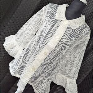 NWT! CITIKNITS/QVC! SHEER, CRISP WHITE ABSTRACT WAV/STRIPE BLOUSE, TOP! SZ XL